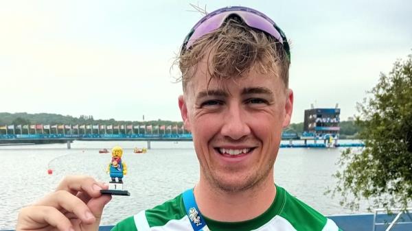 Tiarnán O'Do<em></em>nnell with his lucky charm, a Lego mini figurine that remains in his sock for every race