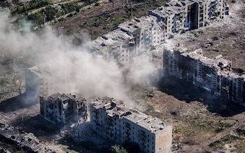 An aerial view of the damaged Novy district in Chasiv Yar which Russian forces captured this week