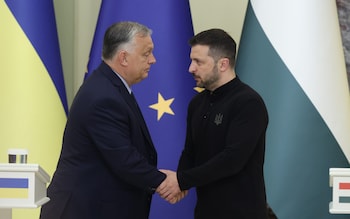 Hungarian prime minister Viktor Orban and Volodymyr Zelensky shake hands during press co<em></em>nference on July 2 in Kyiv