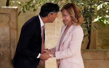 Rishi Sunak and Giorgia Meloni look happy to see each other at the G7 summit in Bari 
