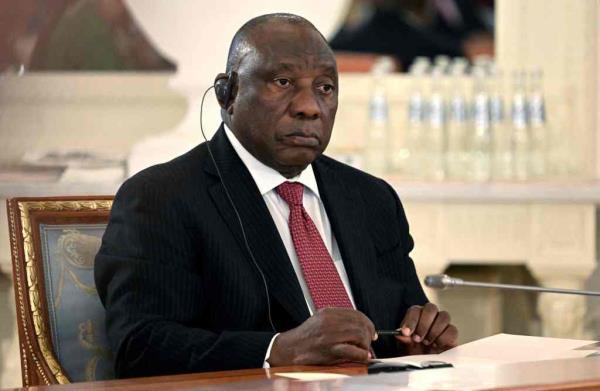 This handout picture taken by RIA Novosti on June 17, 2023 shows South Africa's President Cyril Ramaphosa attending a meeting of Russian president with delegations of African leaders at the Co<em></em>nstantine (Konstantinovsky) Palace in Strelna, outside Saint Petersburg.