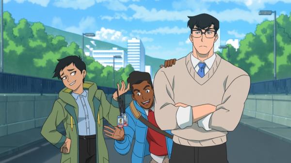 Lois, Jimmy, and Clarke stand together as cartoons. 