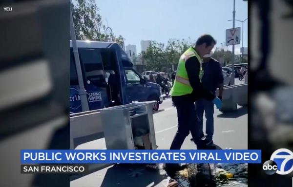 SAN FRANCISCO (KGO) -- An investigation is now underway into a San Francisco Public Works employee caught on video knocking over a street vendor's cart.