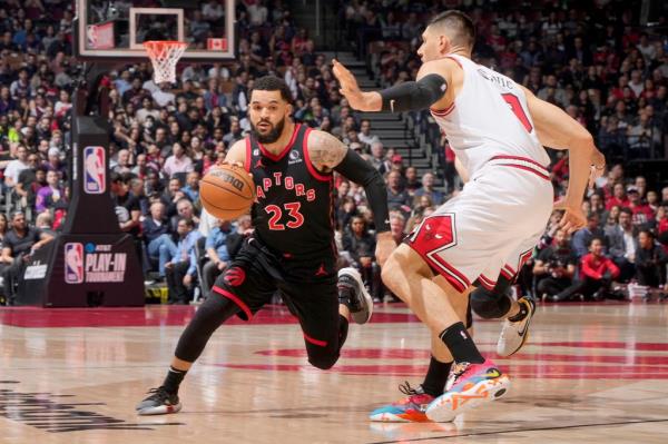 Fred VanVleet #23 of the Toro<em></em>nto Raptors dribbles the ball against the Chicago Bulls during the 2023 Play-In Tournament on April 12, 2023 at the Scotiabank Arena in Toronto, Ontario, Canada.