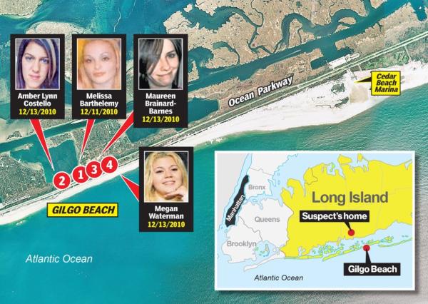 Map of wher<em></em>e Melissa Barthelemy, Amber Lynn Costello, Maureen Brainard-Barnes and Megan Waterman were found murdered on Gilgo Beach, along with photos of the women.