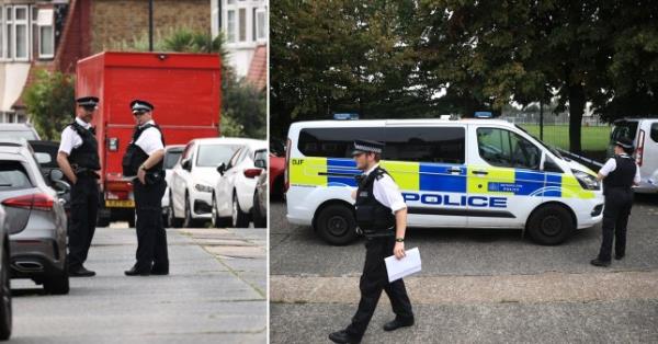 A composite of two photographs showing police outside Kendal Gardens.