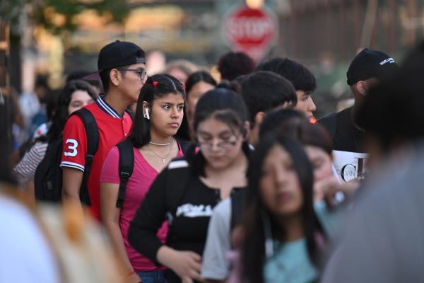 Hundreds of NYC newly arrived Migrant kids arrive for their first day of school at  Newcomers High School in Long Island City, Queens