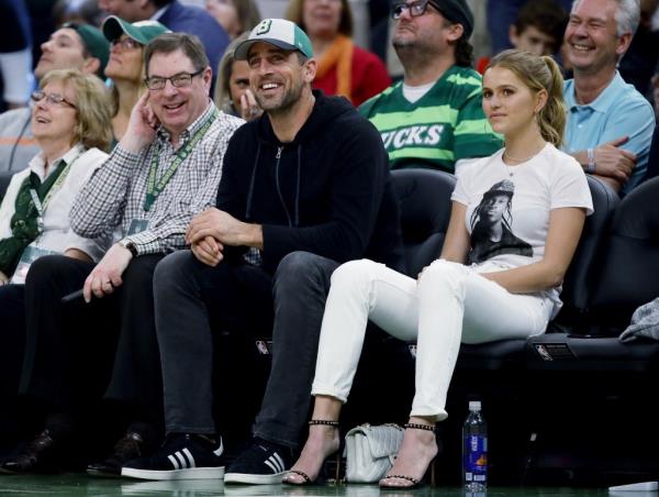 Aaron Rodgers of the Green Bay Packers looks on during Game Five of the Eastern Co<em></em>nference Finals of the 2019 NBA Playoffs