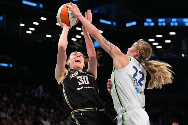 The Liberty's Breanna Stewart has her shot blocked by the Lynx's Emily Engstler in Friday night's game at Barclays Center.