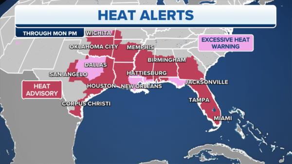 Heat a<em></em>lerts in effect in the U.S. on Sunday, July 30, 2023.