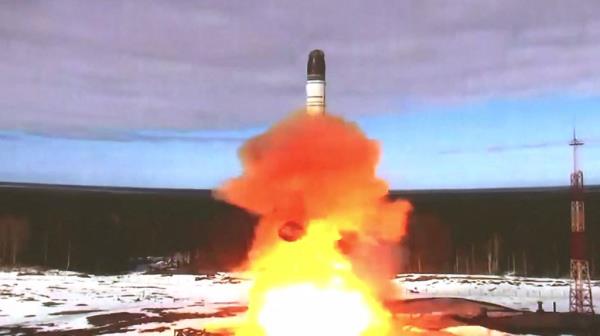 The launching of the Sarmat interco<em></em>ntinental ballistic missile at Plesetsk testing field, Russia.