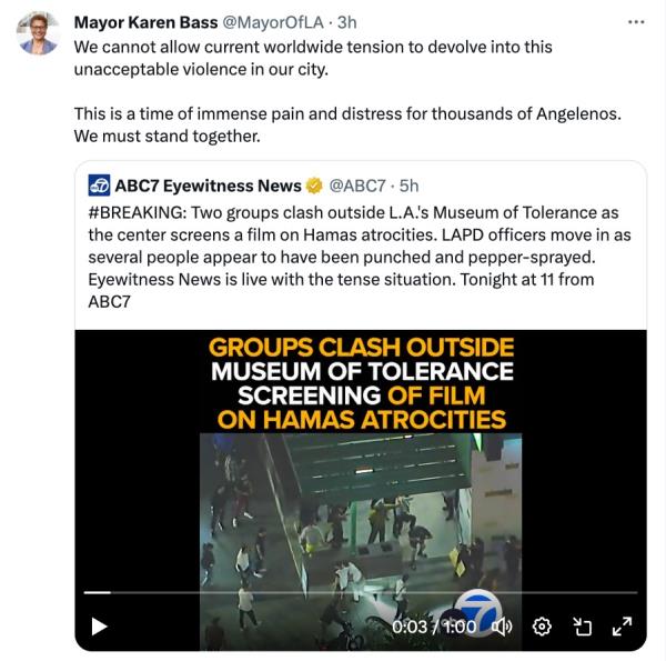 Mayor Karen Bass respo<em></em>nse on Twitter</p>

<p>　　@MayorOfLA