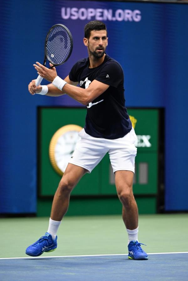 Novak Djokovic practices on Aug. 25 ahead of the US Open.