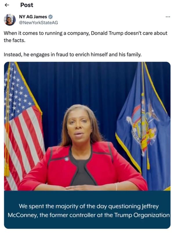 New York Attorney General Letitia James' post is pictured
