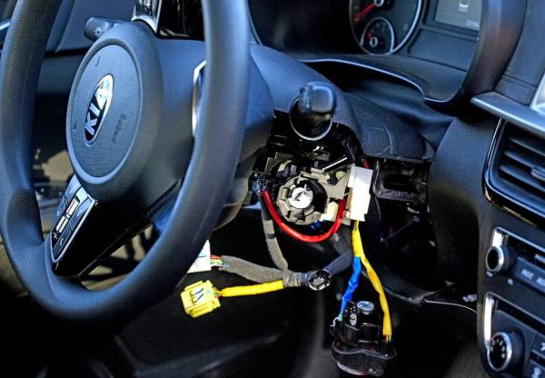 A photo of a damaged steering column caused by thieves is shown, as law enforcement agencies co<em></em>ntinue to warn Kia and Hyundai owners to be protective of their cars.