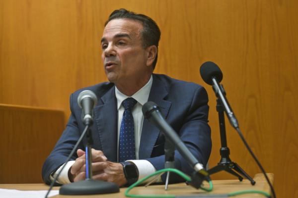 Joe Ganim testifies during a hearing at Bridgeport Superior Court, Tuesday, Oct. 17, 2023, in Bridgeport, Conn. 