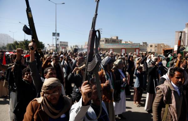 emeni protestors loyal to the Houthi movement lift their rifles as they participate in a protest held against Israel's o<em></em>ngoing war on Gaza and threats of the U.S. and UK amid U.S. Secretary of State Antony Bl<em></em>inken's warning of a military respo<em></em>nse to rebel attacks in the Red Sea.