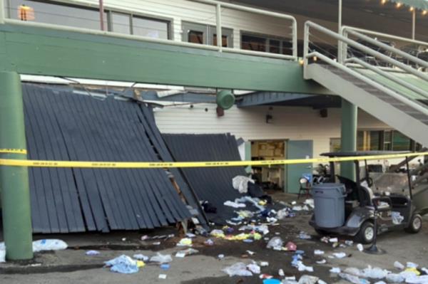 pictured is a collapsed deck at the  Briarwood Country Club in Billings.