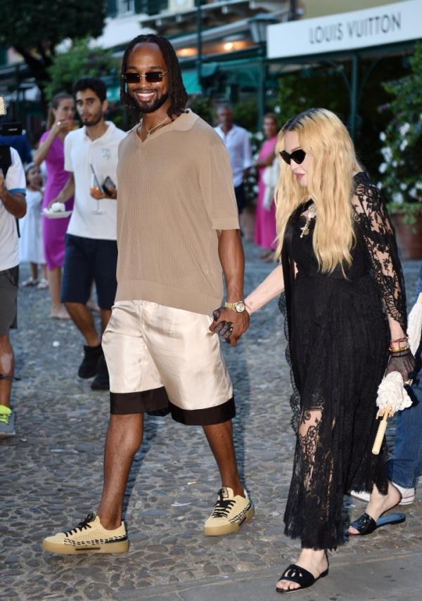 Mado<em></em>nna enjoying a day in Portofino with her boyfriend Akeem Morris and a group of friends.