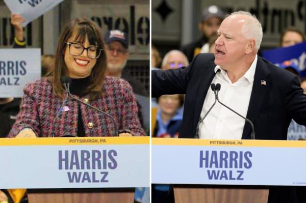 Sara Innamorato split on left, Tim Walz on right, speaking at a rally