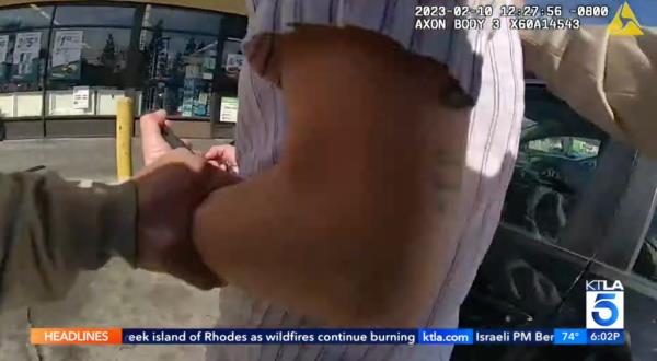 Surveillance video shows Emmet Brock, a transgender man,  being violently arrested by LA Sheriff Deputy Joseph Benza in a 7-11 parking lot in Whittier on Feb. 10, 2023.