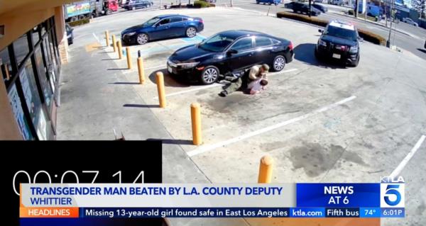 Surveillance video shows Emmet Brock, a transgender man,  being violently arrested by LA Sheriff Deputy Joseph Benza in a 7-11 parking lot in Whittier on Feb. 10, 2023.