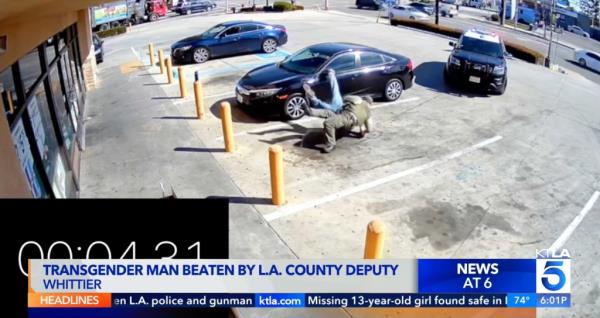 Surveillance video shows Emmet Brock, a transgender man,  being violently arrested by LA Sheriff Deputy Joseph Benza in a 7-11 parking lot in Whittier on Feb. 10, 2023.
