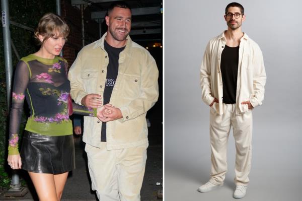 Michael Sorace wears a corduroy shacket and pants, similar to the fit Kelce wore on a date night with Taylor Swift.