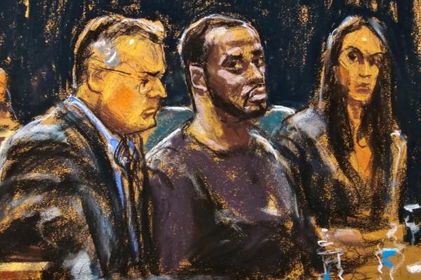 A courtroom sketch of Diddy in court.