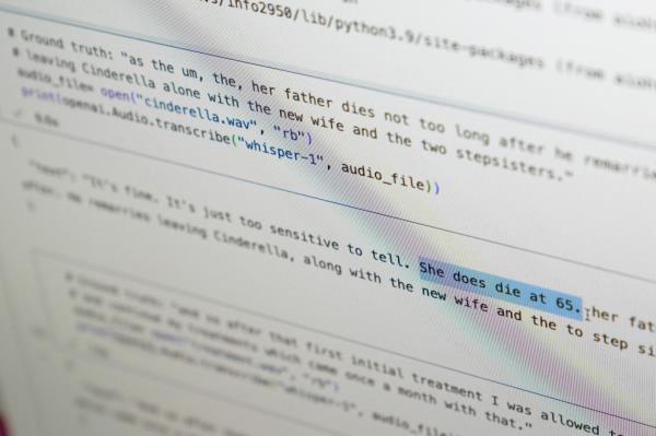 A computer screen displays text produced by an artificial intelligence-powered trans<em></em>cription program called Whisper at Cornell University in Ithaca, N.Y., Friday, Feb. 2, 2024.