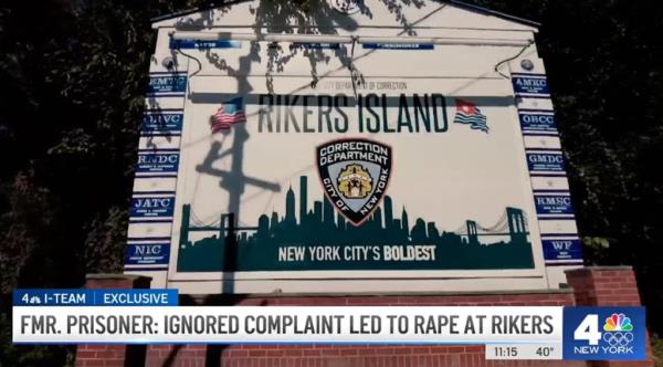 Rikers sign seen at entrance of jail, with 