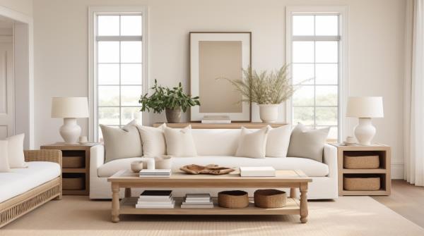 A bright, airy living room with a white aesthetic and neutral color palette, featuring a couch and coffee table