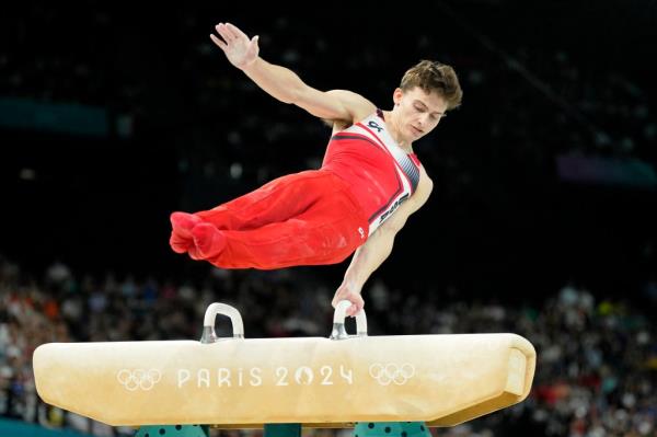 Stephen Nedoroscik of the United States competes on the pommel horse on the first day of gymnastics event finals during the Paris 2024 Olympic Summer Games at Bercy Arena.