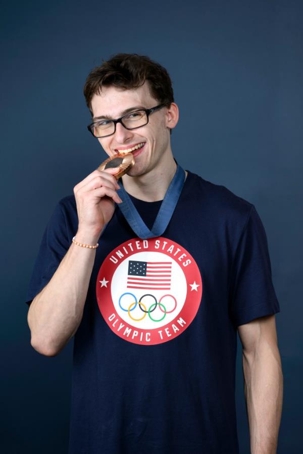 Olympian Stephen Nedoroscik of Team United States poses on the Today Show Set on July 30, 2024 in Paris.