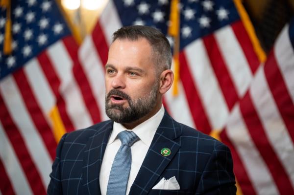 Rep. Cory Mills, R-Fla., is interviewed during the House GOPs State of the Unio<em></em>n media row in the Speaker Nancy Pelosi Caucus Room in the Cannon House Office Building on Monday, February 6, 2023.
