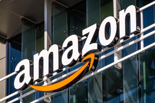 Amazon logo displayed on the facade of an office building in Silicon Valley, San Francisco bay area on July 26, 2019