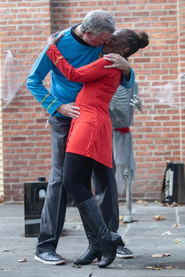 De Blasio and McCray kissing at a Halloween event.