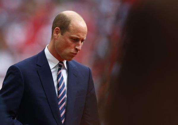 Prince William, Duke of Cambridge, in a suit at the FA Cup Final between Manchester City and Manchester United at Wembley Stadium, London, 2024