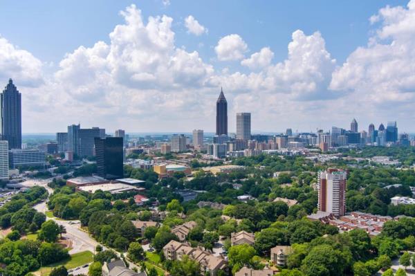 Drone shot of the Atlanta, Georgia skyline from above the Jackson St Bridge.