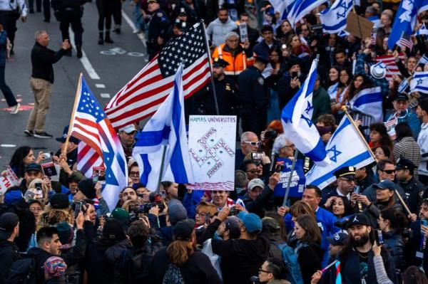 A rally in support of Israel is held outside the gates of Columbia University on April 25, 2024 in New York City.