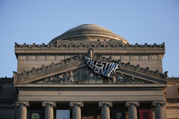 A banner hanging from the Brooklyn Museum during a Palestinian protest in Brooklyn, New York on May 31, 2024