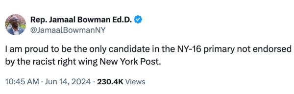 A screenshot of a social media post wher<em></em>e Jamaal Bowman is mocked after attacking NYPost.