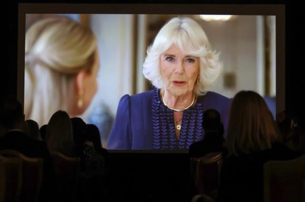 Queen Camilla o<em></em>nscreen during a special reception for the exclusive screening of a new docu<em></em>mentary following her work in the field of domestic abuse at Buckingham Palace on October 30, 2024 in London, England. 