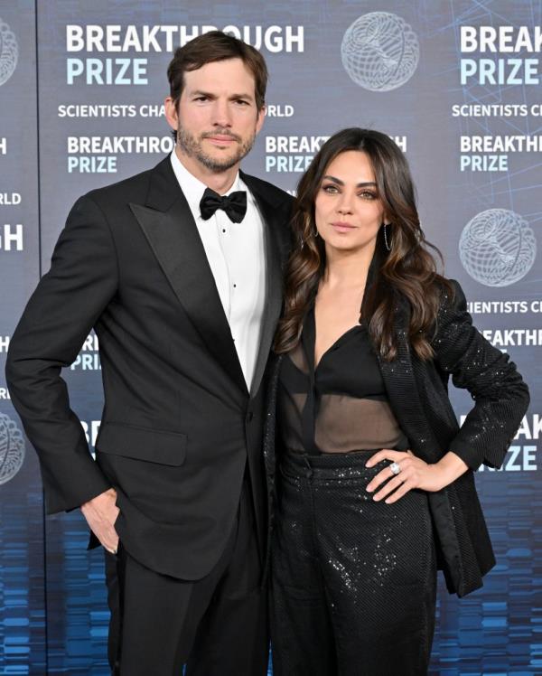 Ashton Kutcher and Mila Kunis attend the 9th Annual Breakthrough Prize Ceremony on April 15, 2023.