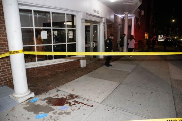 Blood is seen in at the scene of a fatal stabbing on Queens Blvd. in Queens, Tuesday, May 7, 2024.  Blood is in front of 97-50 Queens Blvd wher<em></em>e the victim collapsed.  The stabbing happened in the bodega at 97-02 Queens Blvd. 