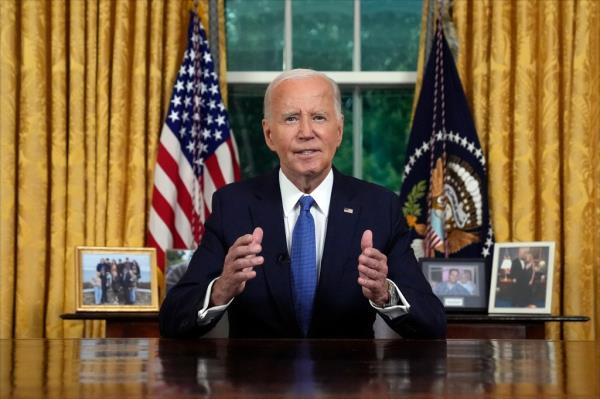 Biden speaks during an address to the nation a<em></em>bout his decision to not seek reelection, in the Oval Office at the White House in Washington, DC, on July 24, 2024.
