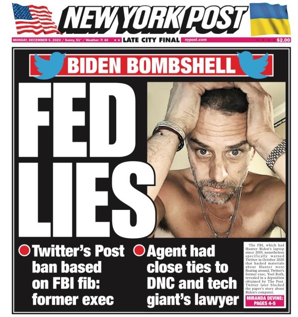 New York Post cover for Monday, December 5, 2022. 