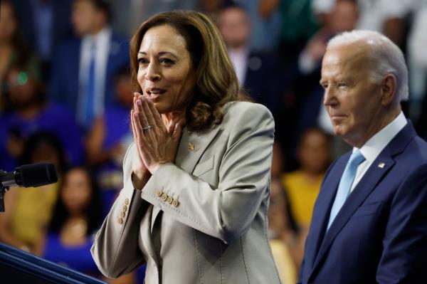 U.S. Vice President Kamala Harris gives remarks alo<em></em>ngside U.S. President Joe Biden at Prince Georgeas Community College on August 15, 2024 in Largo, Maryland. 