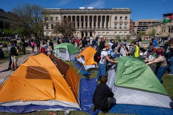 ents are set up as people protest the Israel-Hamas war Wednesday, May 1, 2024 at the University of Wisconsin-Madison in Madison, Wisconsin. 