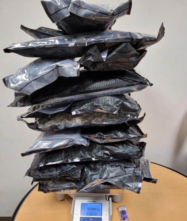 A scale measures the 12.6 kilos -- 28 pounds -- of cocaine that were seized from the plane.
